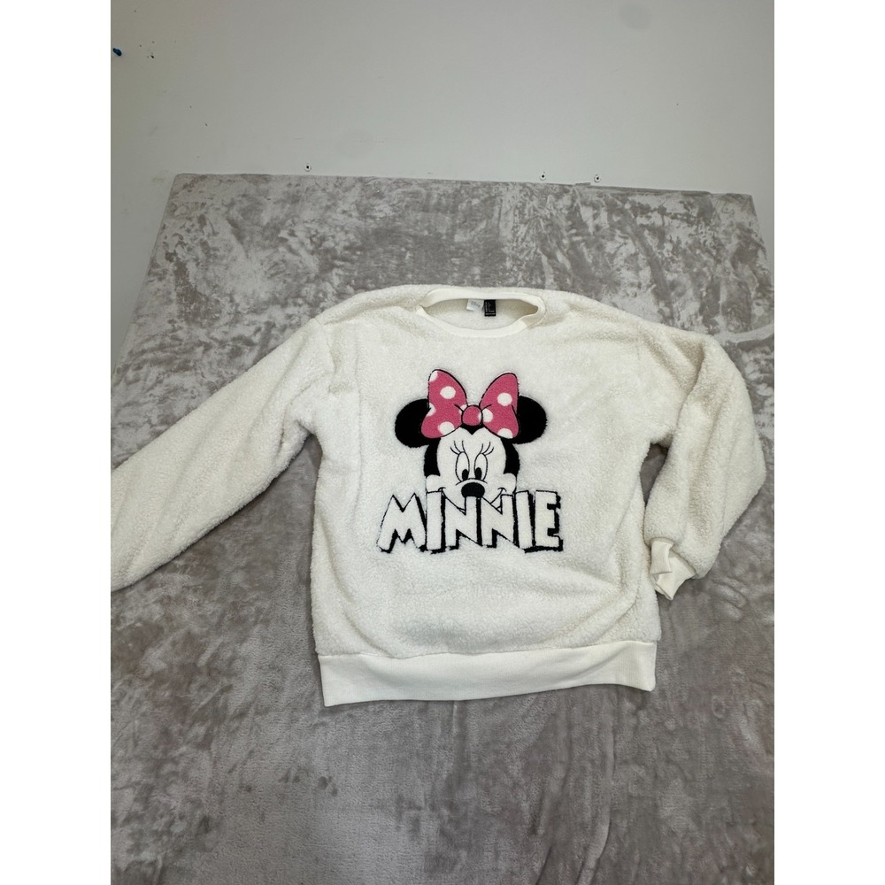 Disney Sherpa Pullover Sweater Womens Size Large White‎ Minnie Mouse EUC